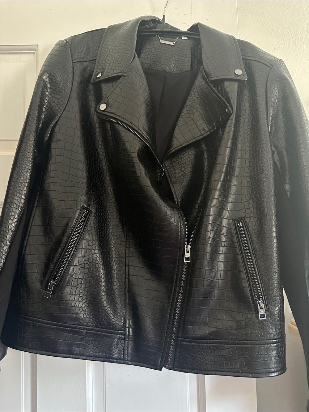 Chico's Black Croc-Embossed Faux Leather Moto Jacket with Silver Zippers
